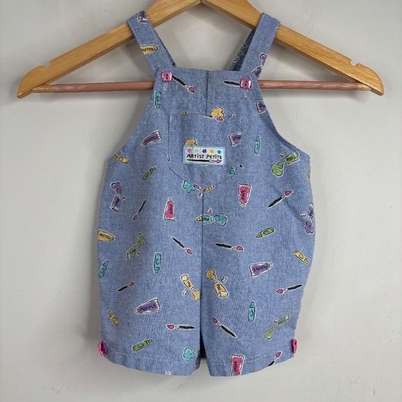 Vintage 90s Rare Carters Overalls Baby Girls 12M Artist Romper Paint Crayons - Picture 1 of 11